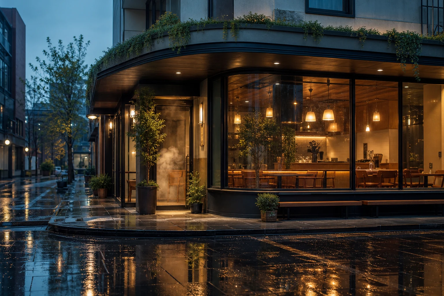 Warm contemporary cafe exterior at rainy blue hour