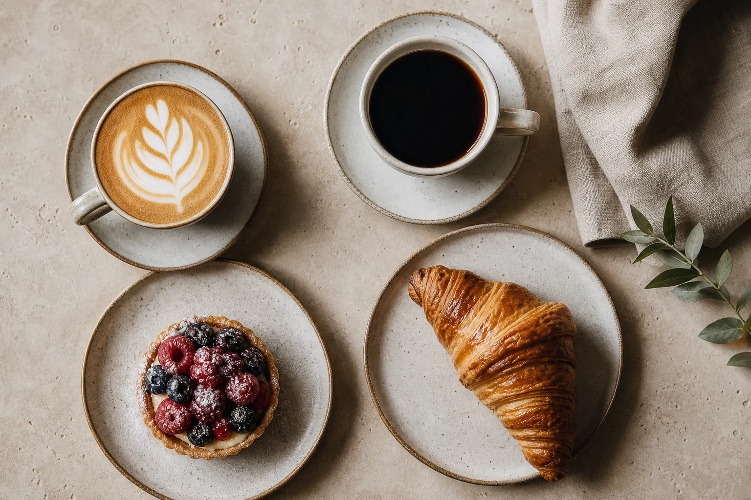 Top-down cafe breakfast with coffee and handmade pastries