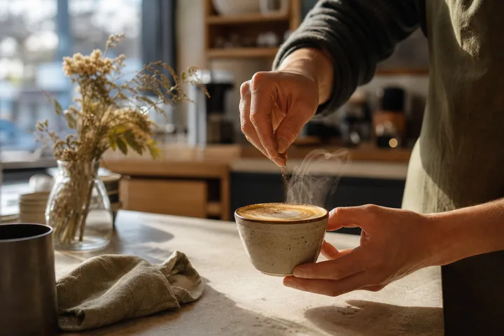 Barista finishing a steaming cappuccino in warm morning light