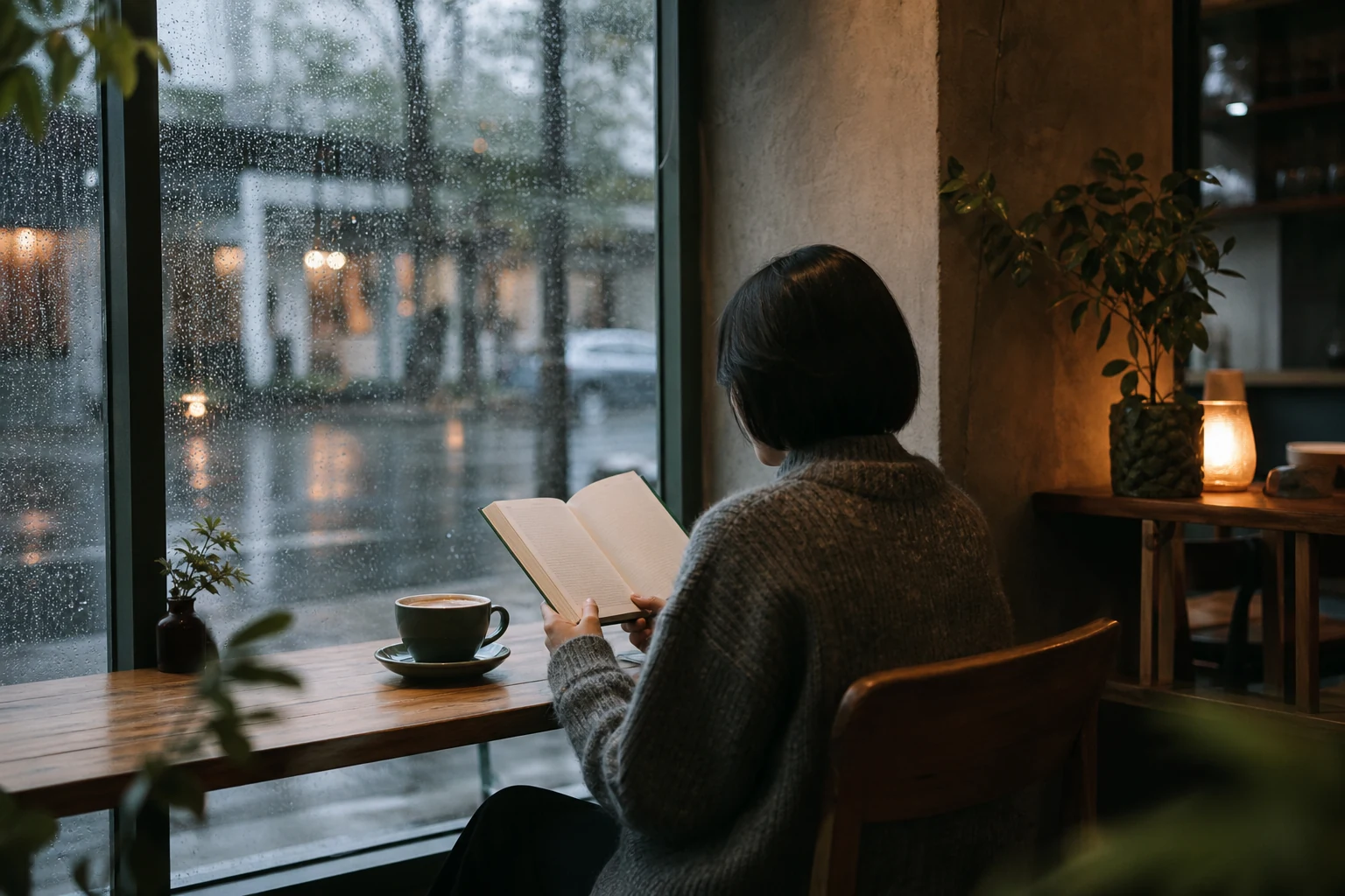 Quiet reading corner beside a rain-speckled cafe window